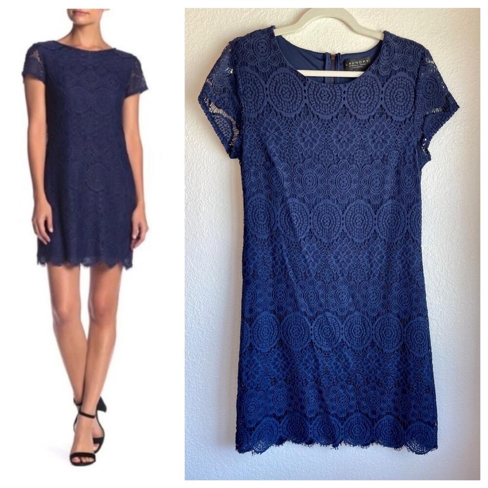 NWOT Laundry by Shelli Segal Women's Navy Scallop Hem Short Sleeve Lace Dress 10
